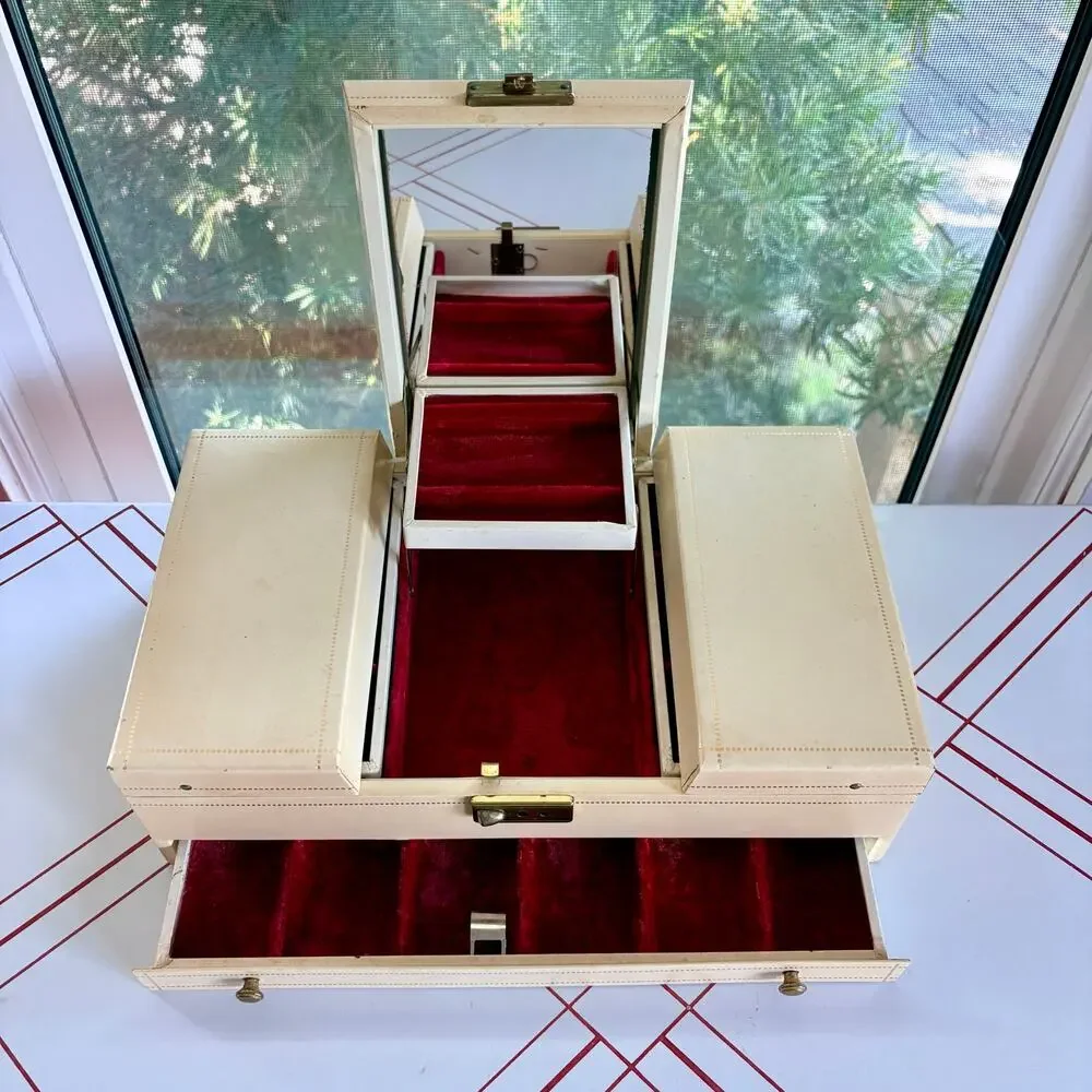 Large Vintage 1960s Cantilever Jewelry Box Red Velvet Mirror Ivory Vanity